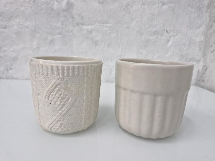 White Ceramic Cable Knit and Ribbed Textured Planters.