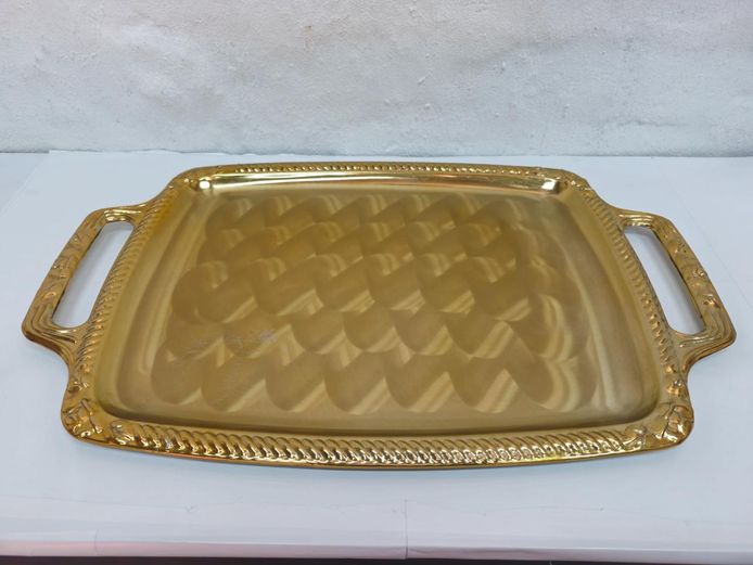 Mid-Century Gold-Tone Embossed Serving Tray with Integrated Handles