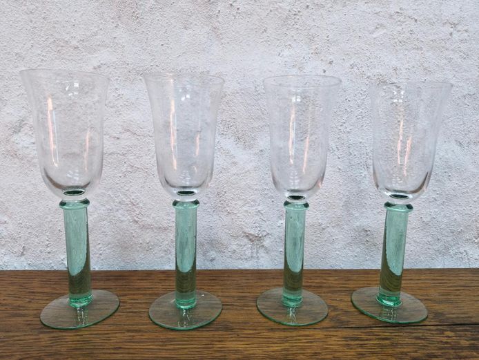 Hand-Blown Wine Glasses with Green Stems