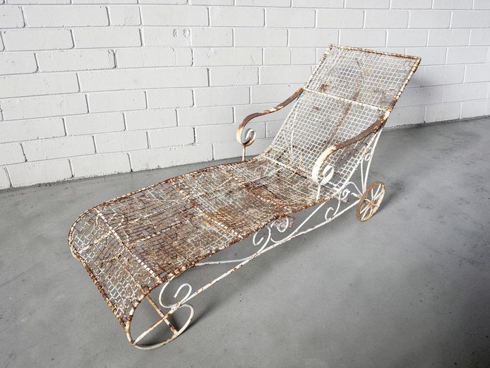 Vintage Wrought Iron Mesh Garden Chaise Lounge