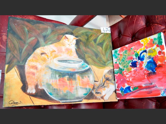UNFRAMED OIL ON CANVAS "CATS", 60 x 45cm, & AN ABSTRACT, 30 x 30cm