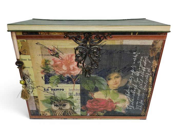 Vintage-Style Fabric-Vinyl Covered Metal Storage Trunk with Antique Key Charm