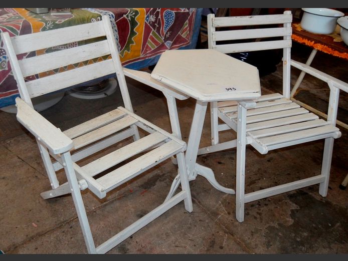 WHITE PAINTED OCCASIONAL TABLE, 43cm Diameter x 70cm High, & WHITE SLATTED CHAIRS [Chairs weathered, slat needed to 1]