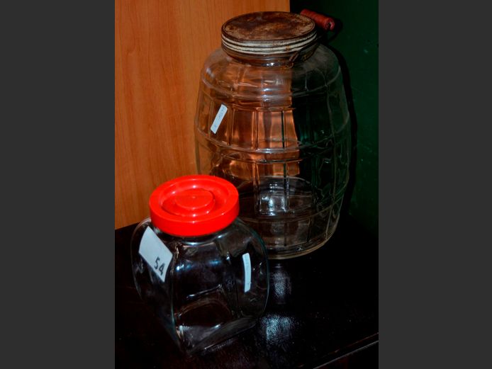LARGE VINTAGE GLASS PICKLE JAR & A COOKIE JAR