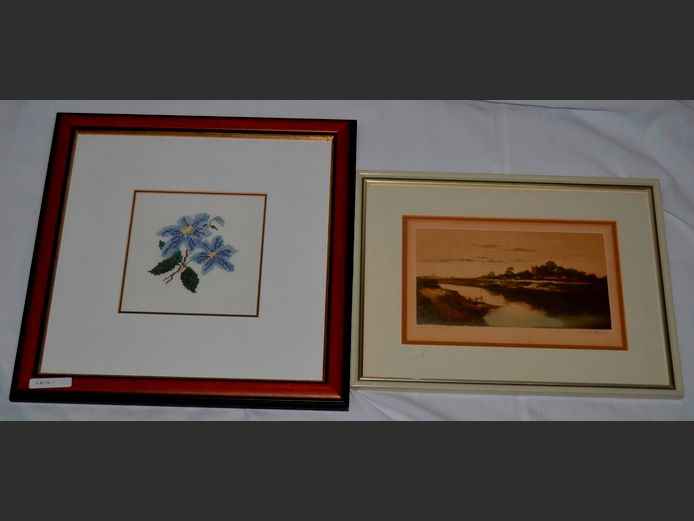 FRAMED NEEDLEPOINT, 15 x 15cm, & A FRAMED PRINT, 22 x 12.5cm