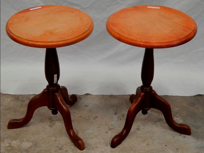 PAIR YELLOWWOOD & IMBUIA CIRCULAR SIDE TABLES, 31cm Diameter x 46cm High [Scratches to tops]