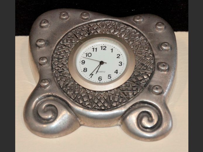 CARROL BOYES "WAVE" PEWTER CLOCK, 9cm x 8.5cm