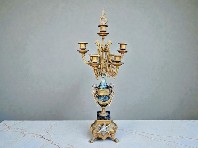Louis XVI Style Italian 7-Arm Brass & Marble Candelabra