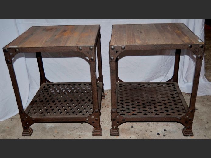 PAIR OAK & METAL BEDSIDE TABLES WITH BOTTOM SHELVES, 50 x 50 x 60cm