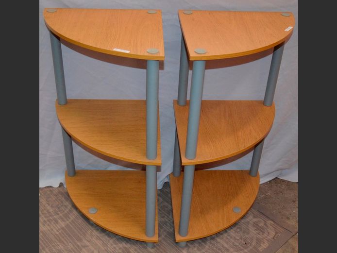 PAIR OAK FOIL 3-TIER CORNER SHELVES, 39.5 x 39.5 x 75.5cm