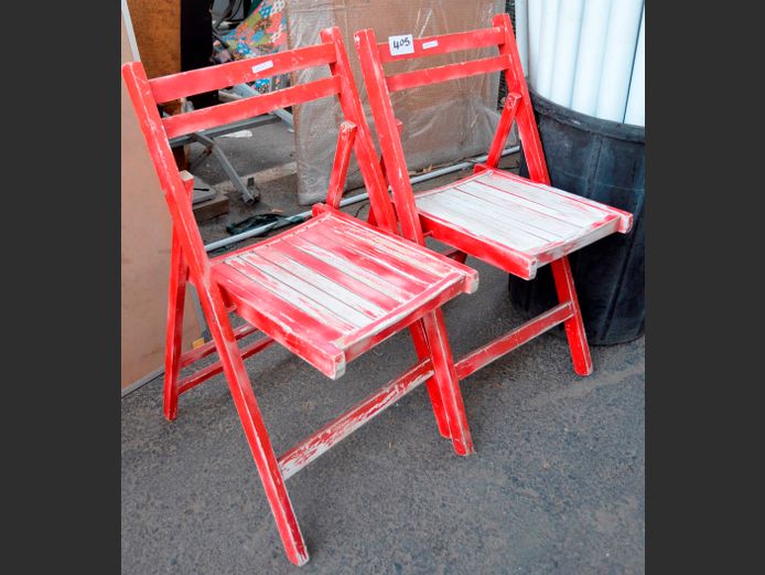PAIR RED PAINTED FOLDING CHAIRS