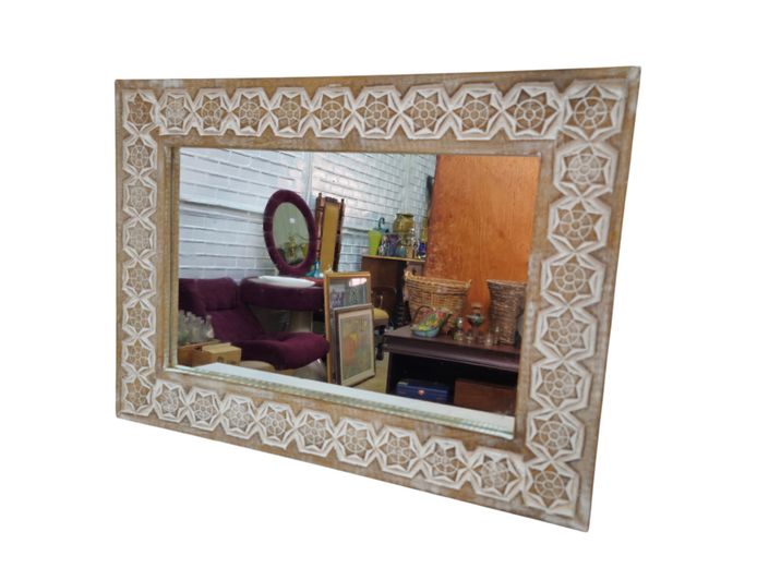 Hand-Carved Whitewashed Wooden Frame Mirror