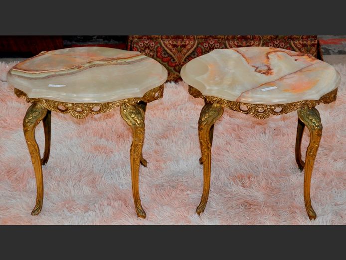 PAIR BRASS & ONYX SIDE TABLES, 46 x 36 x 43cm