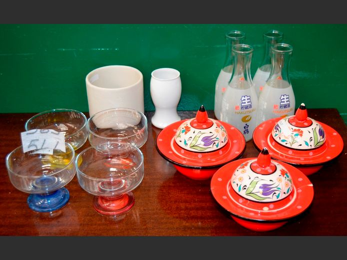 CHINESE SUGAR BOWLS, GLASS CARAFES, GLASS DESSERT BOWLS, etc