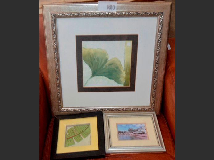 LOT OF 3 FRAMED PRINTS: DELICIOUS MONSTER LEAF, PALM FROND & HARBOUR SCENE