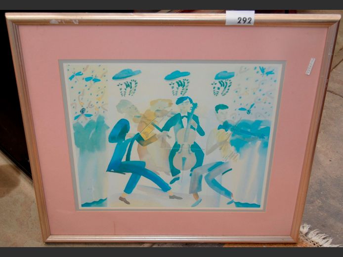 SILVER GILT FRAMED PRINT "MUSICIANS", 56 x 46cm