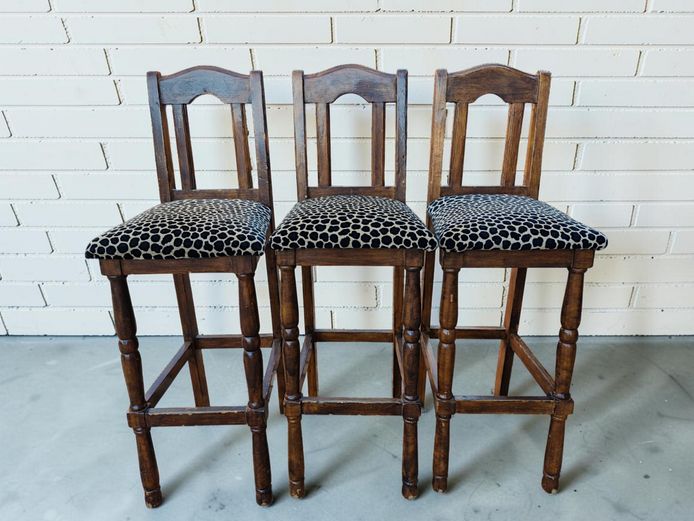 Vintage Wooden High-Back Bar Stools with Animal Print Seats - Trio