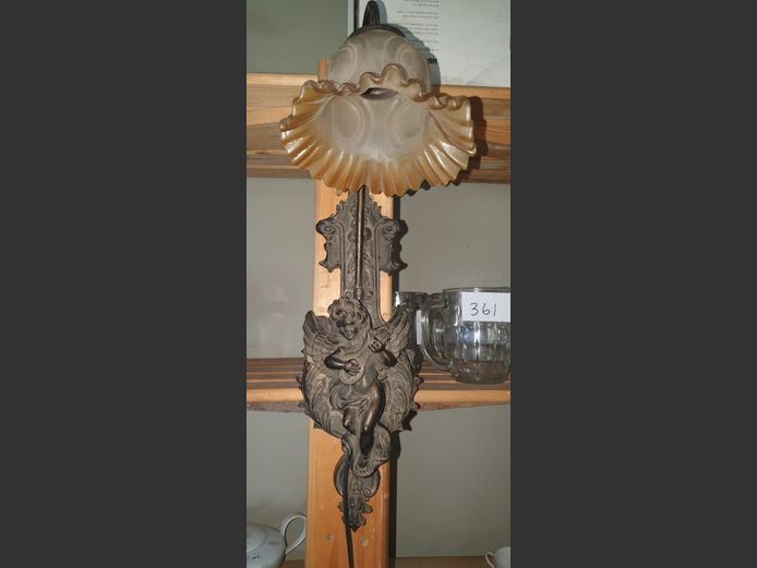 PAIR VINTAGE RESIN CHERUB WALL MOUNT LIGHTS WITH SHADES, 53cm High