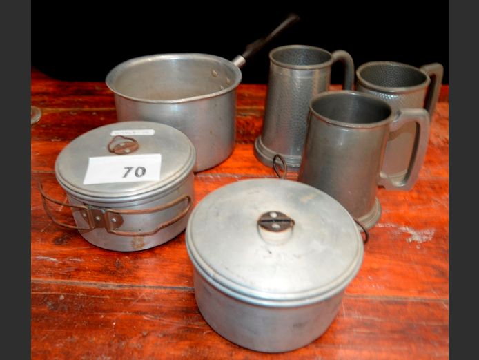 PAIR PEWTER MUGS, CAMPING POTS, etc