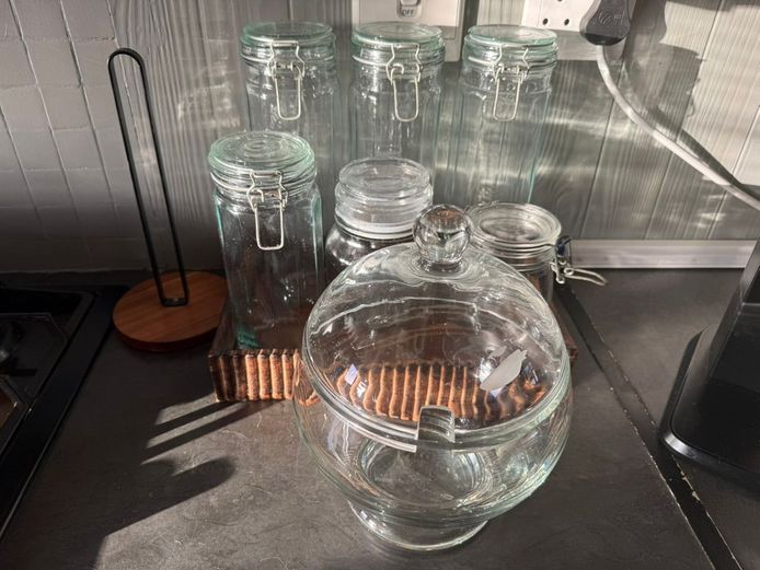 Set of 7 glass jars with wooden serving tray and wooden paper towel holder