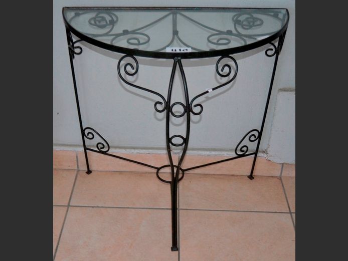 WROUGHT IRON GLASS TOP HALF MOON TABLE, 76 x 48 x 74cm