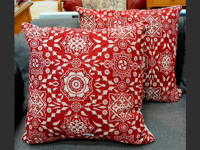 PAIR RED & WHITE SCATTER CUSHIONS, 55 x 55cm