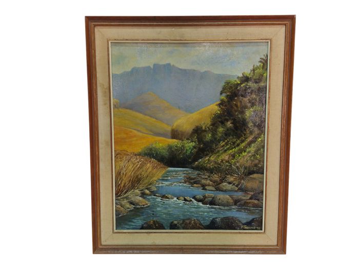 P. Jerome (20th Century) - Original Mountain River Landscape Oil Painting (1978)