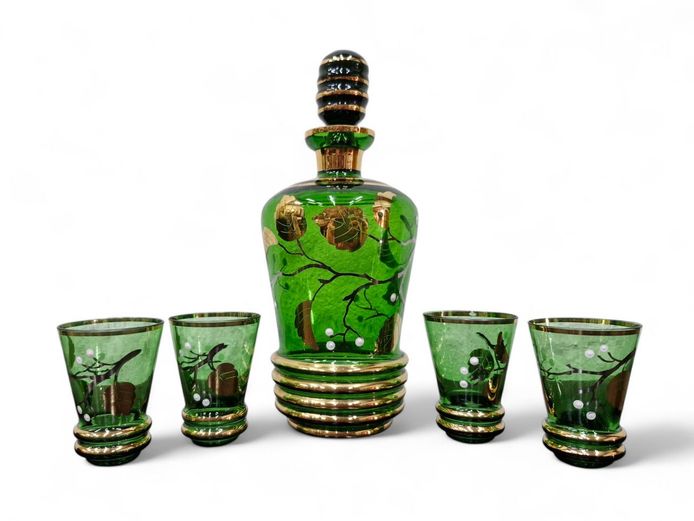 Vintage Bohemian Green Glass Decanter Set
