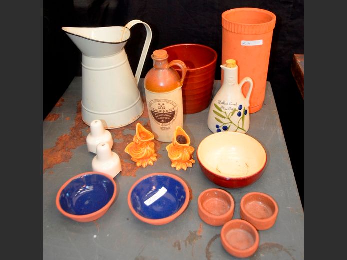 TERRACOTTA WINE COOLER, METAL JUG, OLIVE OIL POURER, CERAMIC PLANTER, etc