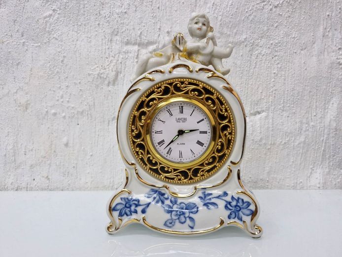 Vintage Landex Royal Craft Porcelain Cherub Mantel Alarm Clock - Japan 1970s