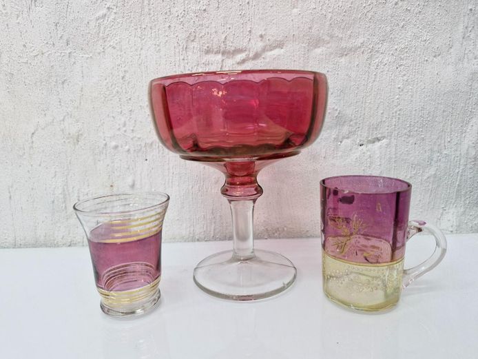 Cranberry Glass Bowl & Mixed Purple Decorative Glassware Set
