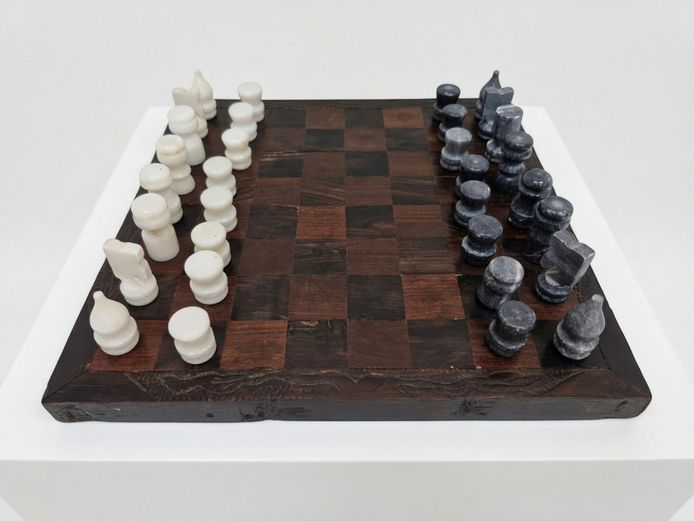 Vintage Hand-Carved Wooden Chess Board with Hand-Turned Soapstone Chess Pieces