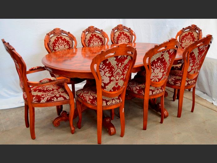 OVAL WALNUT FINISH DINING TABLE WITH 6 MATCHING CHAIRS & 2 CARVERS, 200 x 120 x 77cm [Scratches to top]