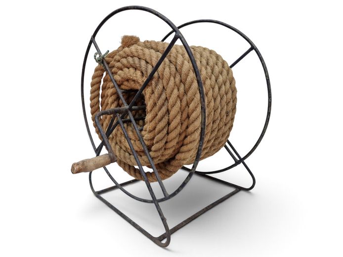 Vintage Industrial Iron Spool Reel with Thick Nautical Rope