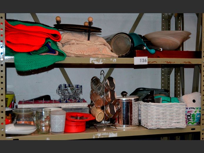 LOT ON 2 SHELVES: KNITTED BLANKETS, DVD's, BOWLS, etc