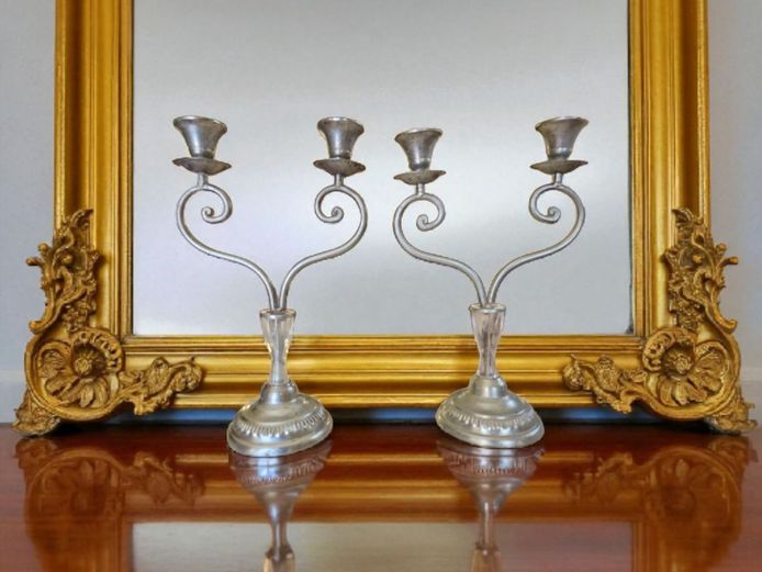 Pair of Vintage Silver Metal Twin Head Candelabras