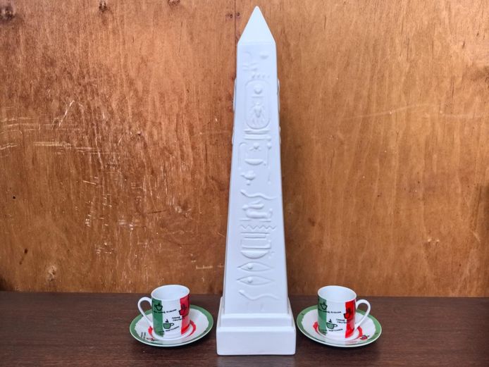 White Ceramic Hieroglyphic Obelisk Statue & Italian Espresso Cup Set
