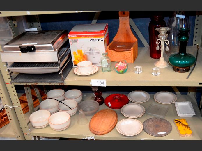 RED & GREEN GLASS VASES, CANDLE HOLDERS, VINTAGE WOODEN WALL MOUNT SALT BOX, STONEWARE BOWLS, KRUPS PRESSA C JUICER,  T.V. GRILL, etc [78,79,80] [Switch on, untested further]