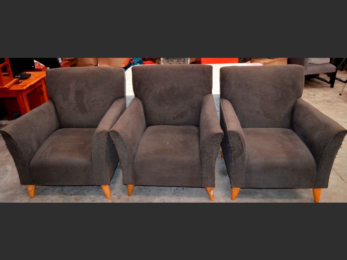 SET OF 3 GREY UPHOLSTERED ARMCHAIRS [Cat scratched, need a clean]