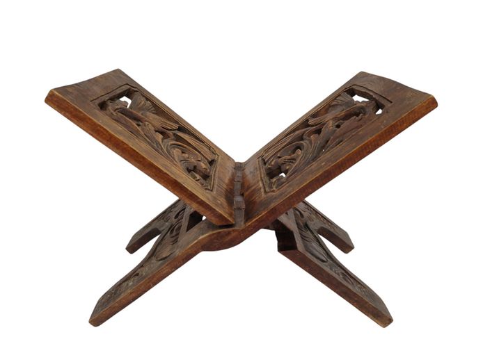 Vintage Hand-Carved Hardwood Folding Rehal with Avian Openwork