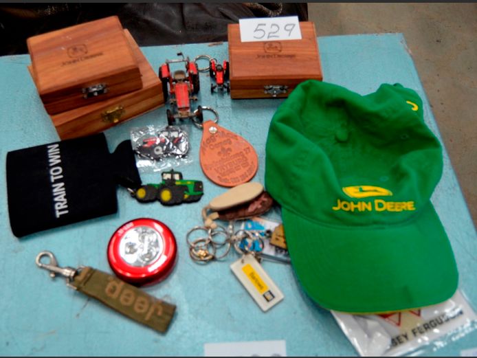WOODEN BOXES, JOHN DEERE CAP, KEYRINGS, Etc