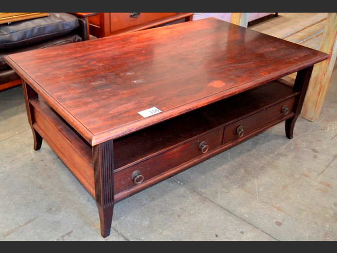 MAHOGANY 2-DRAWER COFFEE TABLE WITH BOTTOM SHELF, 130 x 80 x 49cm
