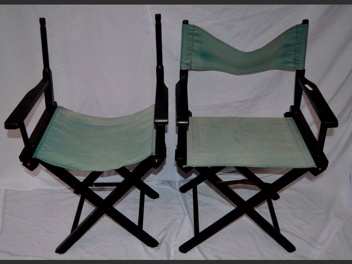 PAIR STAINED WOOD & GREEN FABRIC DIRECTOR'S CHAIRS [Back rest needed to 1, fabric worn]