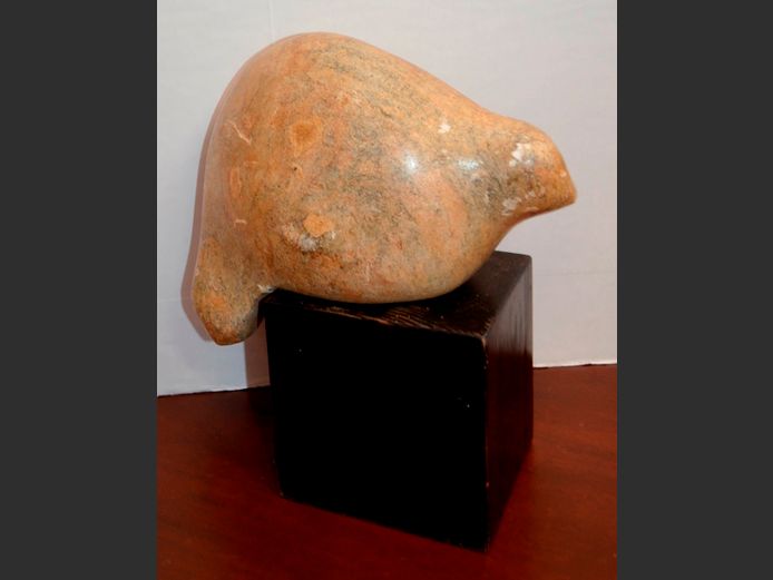 SOAPSTONE WALRUS ON WOODEN PLINTH, 22cm Long x 26cm High