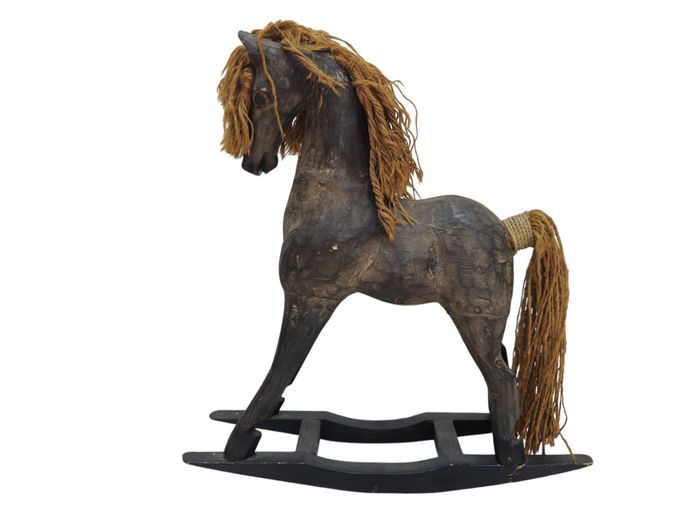 Vintage Hand-Carved Wooden Rocking Horse Sculpture (35cm L x 38cm H)