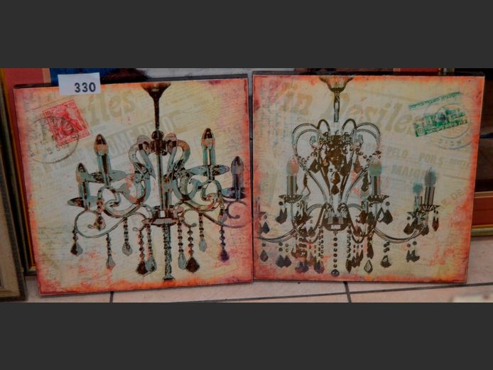 PAIR FRAMED PRINTS ON BOARD "CHANDELIERS", 40 x 40cm