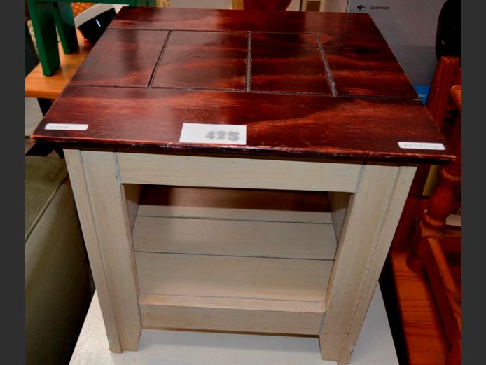 BEIGE PAINTED & DARK STAINED SIDE TABLE, 45 x 45 x 45cm