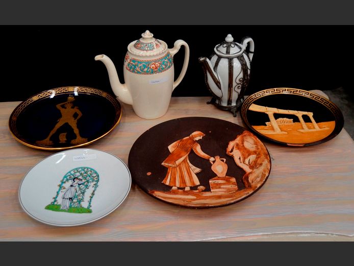 TERRACOTTA WALL PLATES, BLUE & GOLD WALL PLATE, TEAPOTS, etc