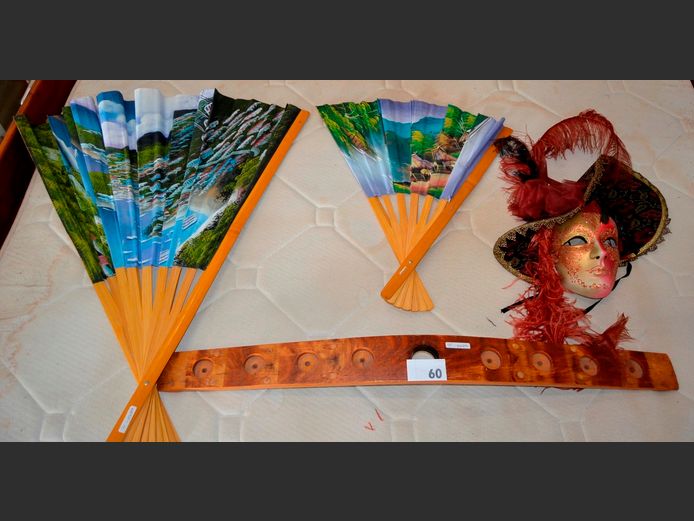 ORNAMENTAL CHINESE FANS, FEATHERED MASK & A CANDLE HOLDER