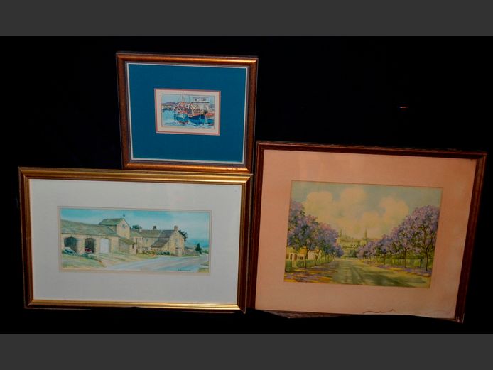 GILT FRAMED WATERCOLOURS: HOUSE, BOATS & LANDSCAPE, 34.5 x 25cm, 34.5 x 15cm & 11.5 x 8cm
